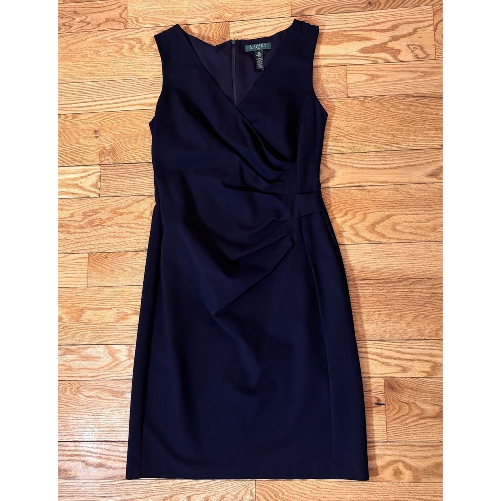 Lauren Ralph Lauren Sleevelesss Dress Ruching Cocktail V-Neck Office Navy Sz 10 - Picture 1 of 7
